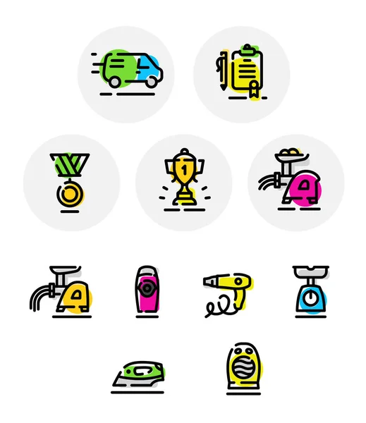 Conjunto de iconos vectoriales sobre diferentes temas. Iconos aislados sobre fondo blanco. Copa. Electrodomésticos domésticos. Certificado. Entrega. Iconos redondos, de colores, de contorno. Casualmente emparejado . — Vector de stock