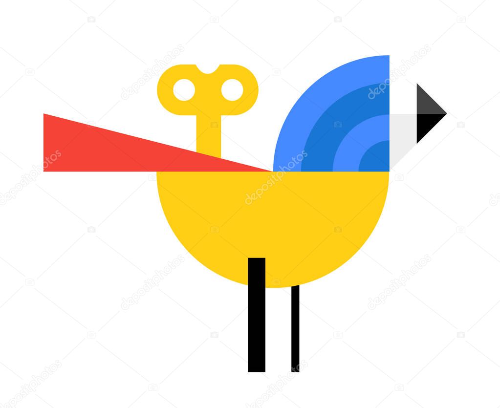 Logo of a bird in a cartoon style. Vector flat icon. The character of a clockwork bird is isolated on a white background. Style Suprematism, minimalism, constructivism, Russian avant-garde. Logo for the company.