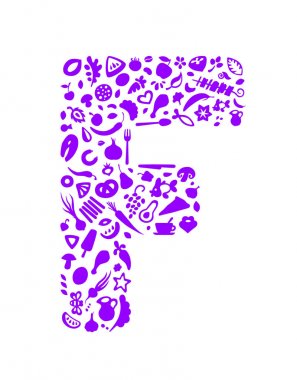 Logo harfleri F. Bioproducts şeklinde ve sağlıklı gıda siluet simgeler. Vektör düz beyaz arka plan üzerinde izole simgeler. Kurumsal kimlik, amblem, sembol, işareti. Moda tasarım.