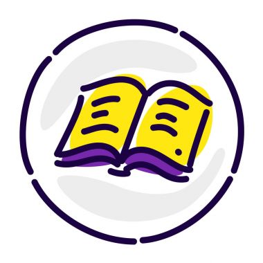 Kitap sarı sayfalar, özel bir logo, bir işaret var. Vektör düz simgesi. Görüntü beyaz arka plan üzerinde izole. Açık bir kitap. Kurumsal kimlik. Yazdırma için simge ve web.