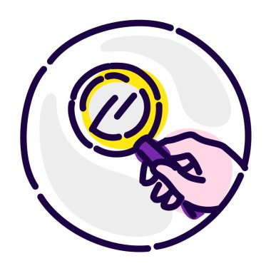 Büyüteç elinde. Vektör düz simgesi. Görüntü beyaz arka plan üzerinde izole. Kurumsal kimlik. Web sitesi ve baskı için simge. Adam elinde arama.