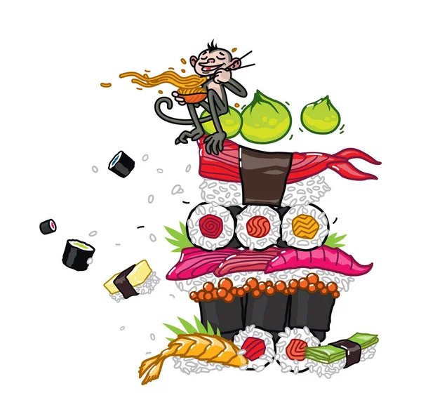 Cibo asiatico, sushi, sashimi, wasabi. Immagine vettoriale, isolata su sfondo bianco. Cucina giapponese e cinese. Illustrazione per il menu del ristorante, caffè bar. Scimmia del fumetto e sushi. Consegna di cibo . — Vettoriale Stock
