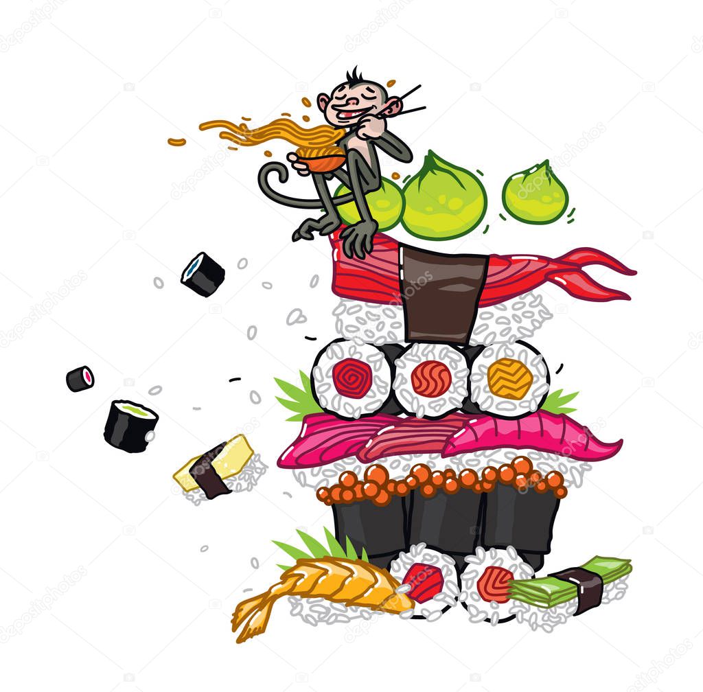 Asian food, sushi, sashimi, wasabi. Vector image, isolated on white background. Japanese and Chinese cuisine. Illustration for the restaurant menu, cafe bar. Cartoon monkey and sushi. Food delivery.
