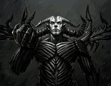Bir iblis Illustration. Cehennem efendim. Bir kitap, bir site ve bir baskı için görüntü. Karakter oyun için. Müzik albümünün kapak. Siyah beyaz portre. Gösterim amacıyla grafiti duvar. Kroki kavramı.