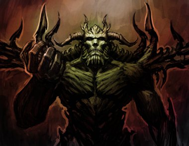 Resimde bir şeytan, şeytan. Cehennem efendim. Kroki kavramı. Bir kitap, bir site ve bir baskı için görüntü. Karakter oyun için. Müzik albümünün kapak. Gösterim amacıyla grafiti duvar.