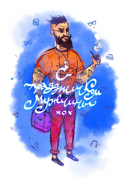 Mode Hipster Grattis Männens Dag Happy Holiday Män Illustration Hipster — Stockfoto