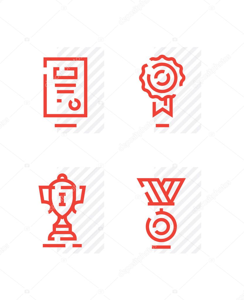 A set of icons on a theme sport. The winner's cup for the first place, the diploma, the certificate, the certificate, the medal of the winner. Awards and prizes. Logo, symbol, emblem.