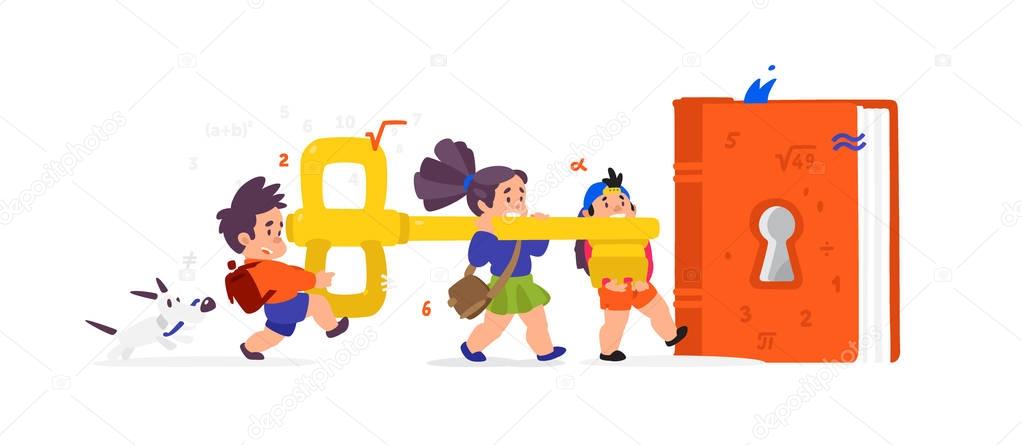 Illustration of cartoon children with a key and a book. Children and mathematics. Cute animated characters. The guys open the book. Vector flat illustration on white background. Banner for the site.