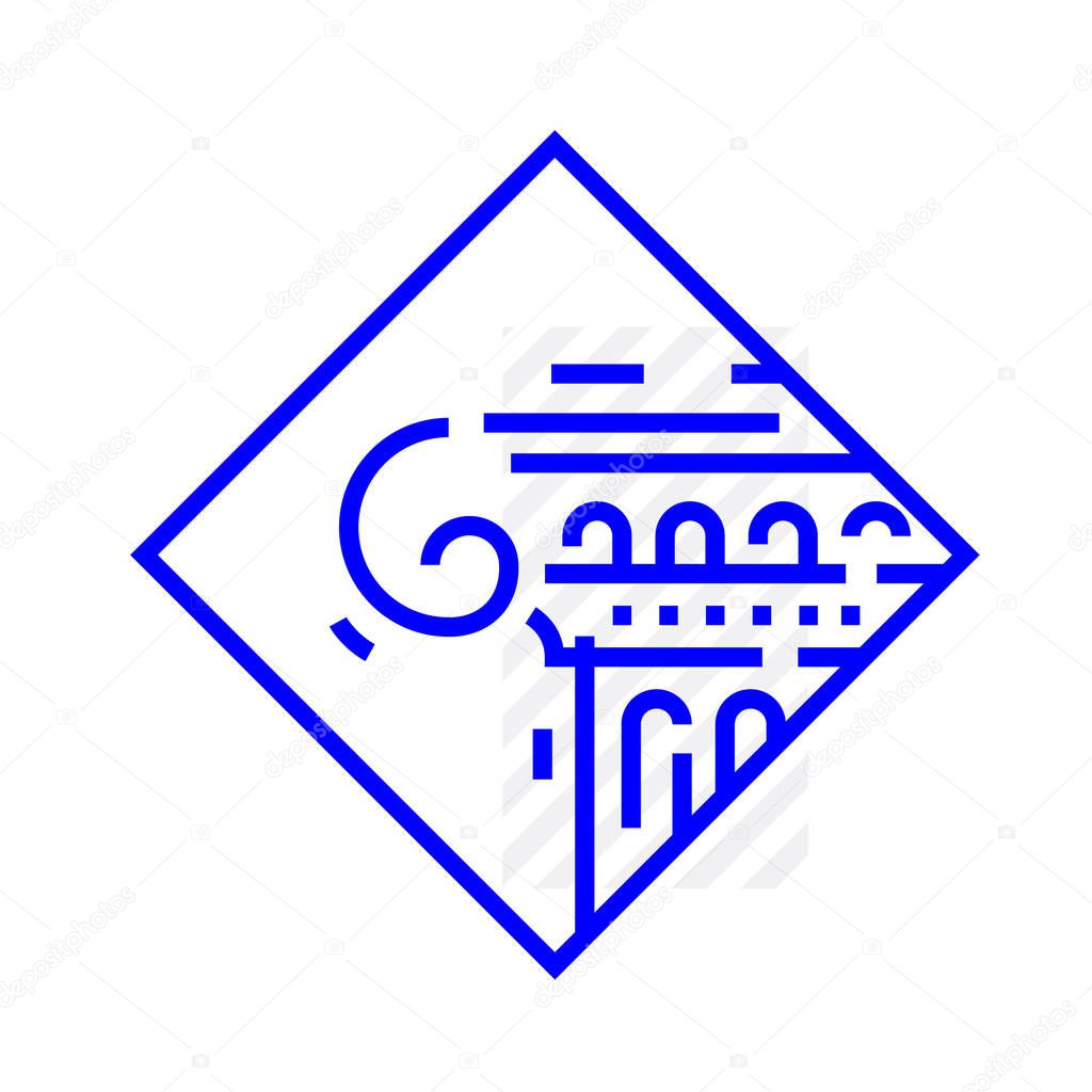 The Greek Column. Vector icon isolated on white background. The fashionable icon is blue. Ready logo for print and web. Logo, mascot, emblem. Symbol of culture, a historical place.