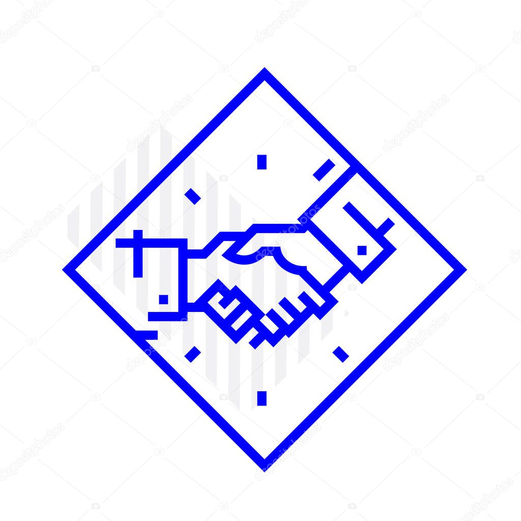 Icon Handshake. Vector Illustration isolated on white background. The fashionable icon is blue. Ready logo for print and web. Logo, mascot, symbol, emblem. The contract of partners, cooperation.