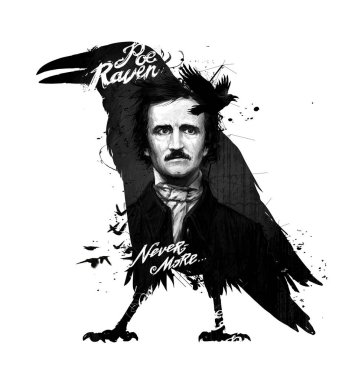 Edgar Allan Poe, drawing on isolated white background for print and web. Black and white composition and calligraphy for the interior. Painting graffiti on the wall. Tattoo of the great poet. clipart