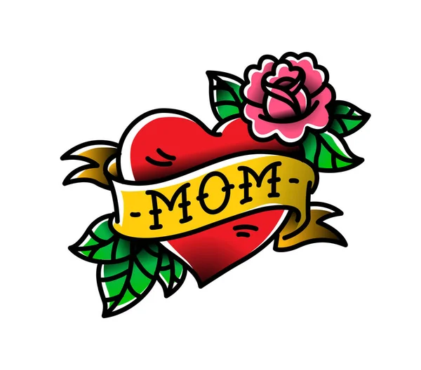 En tatuering med inskriften av mamma. Ett hjärta och blomma tatuering med en blomma. Tatuering i stil med den amerikanska gamla skolan. Vector platt tatuering. Illustrationen är isolerad på en vit bakgrund. — Stock vektor