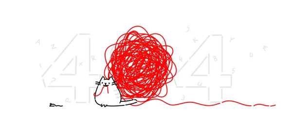 卡通滑稽的猫在404页。矢量平面图。字符在白色背景上被隔离。猫与一个球的线程和鼠标。有趣的小猫的网站和明信片。吉祥物. — 图库矢量图片
