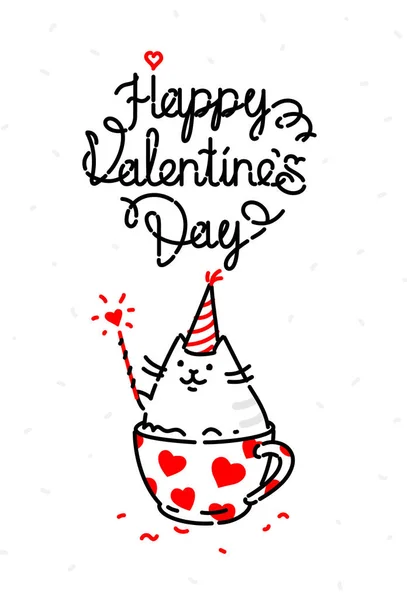 Векторная иллюстрация кошки на день святого Валентина. Изображение выделяется на белом фоне для печати, баннера, сайта. Кити в чашке поздравляет, желает счастья. День святого Валентина, 14 февраля . — стоковый вектор