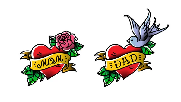 Τατουάζ με την επιγραφή της μαμά και τον μπαμπά. Δύο καρδιές με ένα λουλούδι και ένα πουλί. Raster επίπεδη τατουάζ. Συγχαρητήρια για τους γονείς με μια επέτειο. Ένα τατουάζ για την αγάπη των γονέων. Τατουάζ στο παλαιό ύφος. — Φωτογραφία Αρχείου
