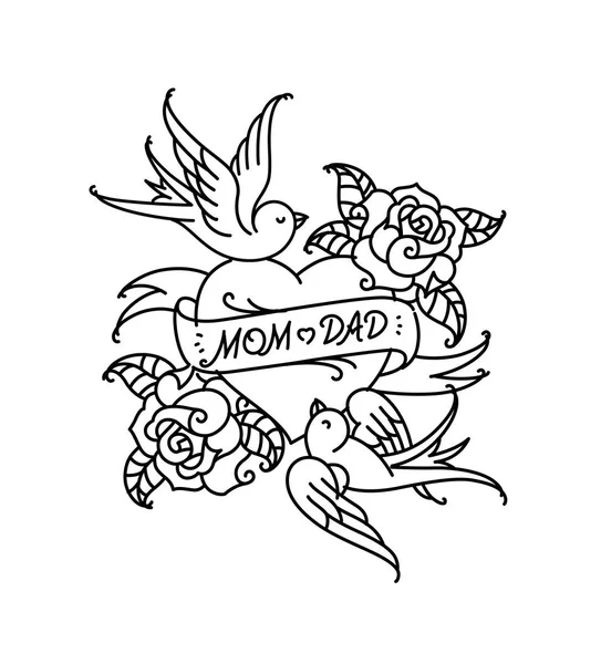 A tattoo with the inscription of Mom. A heart and flower tattoo with a flower. Tattoo in the style of the American old school. Raster flat tattoo. The illustration is isolated on a white background. Contour tattoo.