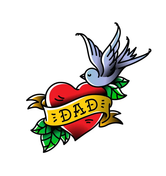 A tattoo with the inscription of Dad. Heart tattoo with a birdie. Tattoo in the style of the American old school. Raster flat tattoo. The illustration is isolated on a white background. Congratulation for the father.