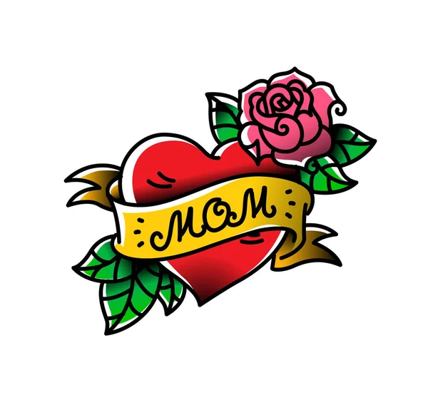 A tattoo with the inscription of Mom. A heart and flower tattoo with a flower. Tattoo in the style of the American old school. Raster flat tattoo. The illustration is isolated on a white background. — Stock Photo, Image