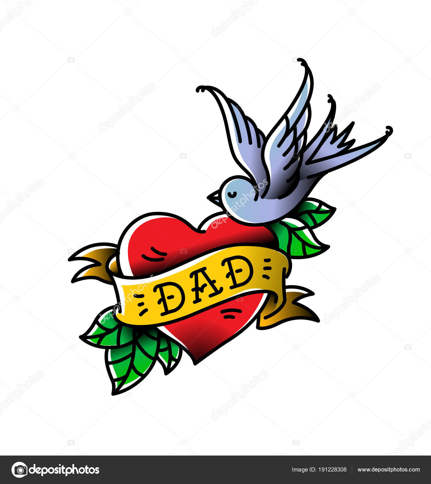 En tatovering med indskriften af far. Hjertetatovering med en fugl.  Tatovering i stil med den amerikanske, image size:1512x1700