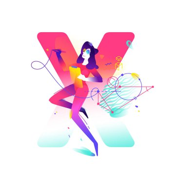Bir kız Illustration. Mektup X arka planda. Daire degrade illüstrasyon vektör. Resmi Web sitesi ve baskı afiş için. Geometri. Alfabe bilim. Eğitim promo malzemeleri.