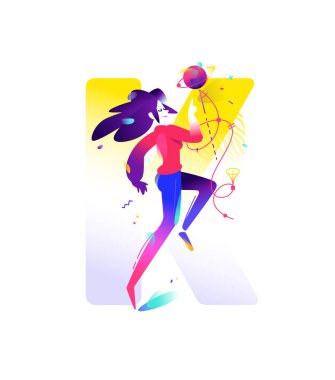 Bir kız Illustration. Arka planda K harfi. Daire degrade illüstrasyon vektör. Resmi Web sitesi ve baskı afiş için. Astronomi. Bilgi teknolojisi. Eğitim promo malzemeleri.