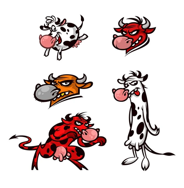 Karikaturen lustiger Kühe. Zeichen isoliert auf weißem Hintergrund. eine Herde Kühe und Stiere. Charaktere für die Website und die Presse. Vektorflache Illustration. Kuhbuchstaben für Verpackungen. Wütende Kühe. — Stockvektor
