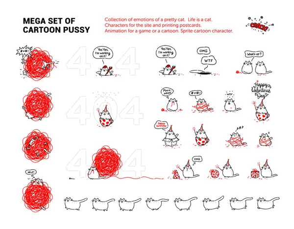Mega Set von Cartoon-Muschi. Sammlung von Emotionen einer hübschen Katze. Zeichen für die Website und Druck von Postkarten. Das Leben ist eine Katze. Firmencharakter. — Stockvektor