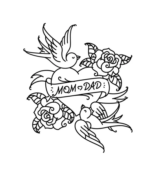 Tattoos with the inscription of Mom and Dad. Two hearts with a flower and a bird. Vector flat tattoo. Congratulation for parents with an anniversary. A tattoo for loving parents. Tattoos in the old style.