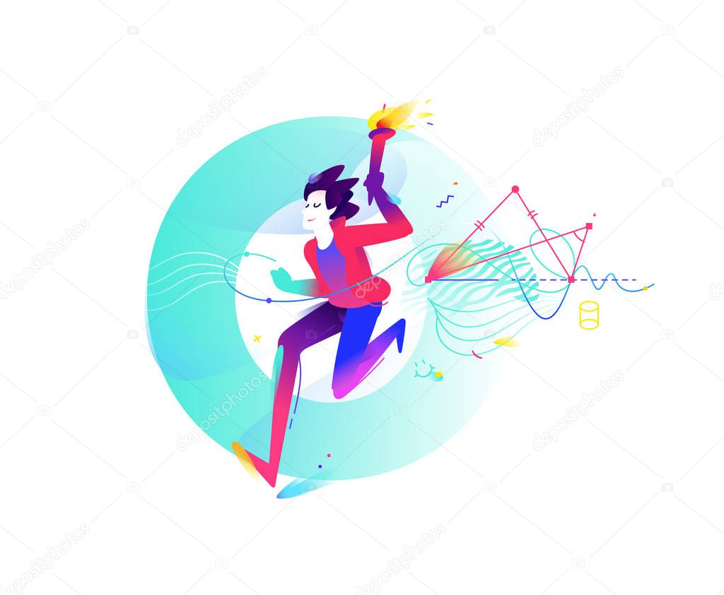 Competitions in school subjects. Illustration of a running young guy with a torch on the background of the letter O. Geometric figures. Vector flat illustration isolated on white background.