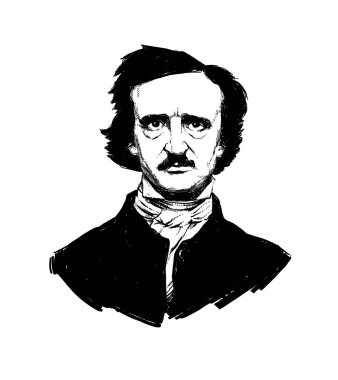Edgar Allan Poe tarafından illüstrasyon. Büyük Amerikalı yazar ve şair portresi. Ne örnek bir dövme, sitesi, kitapçık, poster, kartpostal. Görüntü izole beyaz arka plan üzerinde. Raster görüntüye.