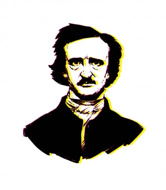 Edgar Allan Poe tarafından illüstrasyon. Büyük Amerikalı yazar ve şair portresi. Ne örnek bir dövme, sitesi, kitapçık, poster, kartpostal. Görüntü izole beyaz arka plan üzerinde. Vektör çizim.