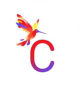 Pembe colibri Illustration. Vektör çizim. Görüntü beyaz arka plan üzerinde izole. Sinek kuşlarının kuş. Şirket amblemi stüdyo. Tılsım, amblem. Modern kuş görüntü. C harfi