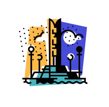 Bir şehir Illustration. Izhevsk şehir çıkabilir. Halkların dostluk Anıtı. Soyut bir simge. Vektör çizim. Resmi site, kitapçık, poster için. Şehrin sembolü. Udmurtya. Manzara.