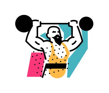 Güçlü adam, halterci, sirk Illustration. Simge logo sirk veya spor stüdyo için. Bir site, poster, bir posta kartı için bir örnek. Görüntü beyaz arka plan üzerinde izole. Vektör çizim.