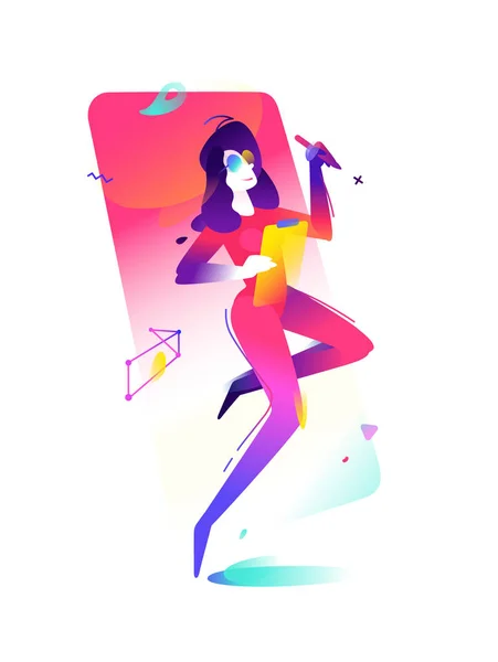 Illustration Eines Mädchens Auf Einem Smartphone Hintergrund Die Frau Ist — Stockvektor