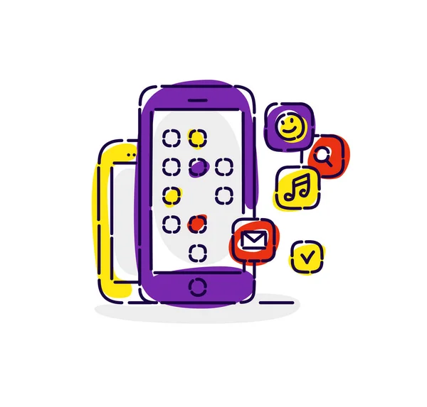 Ilustración de smartphones con iconos de redes sociales. Dibujo aislado sobre fondo blanco. Ilustración plana vectorial. Icono de moda . — Archivo Imágenes Vectoriales