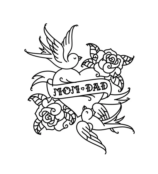 Tattoos with the inscription of Mom and Dad. Two hearts with a flower and a bird. Vector flat tattoo. Congratulation for parents with an anniversary. A tattoo for loving parents. Tattoos in the old style.