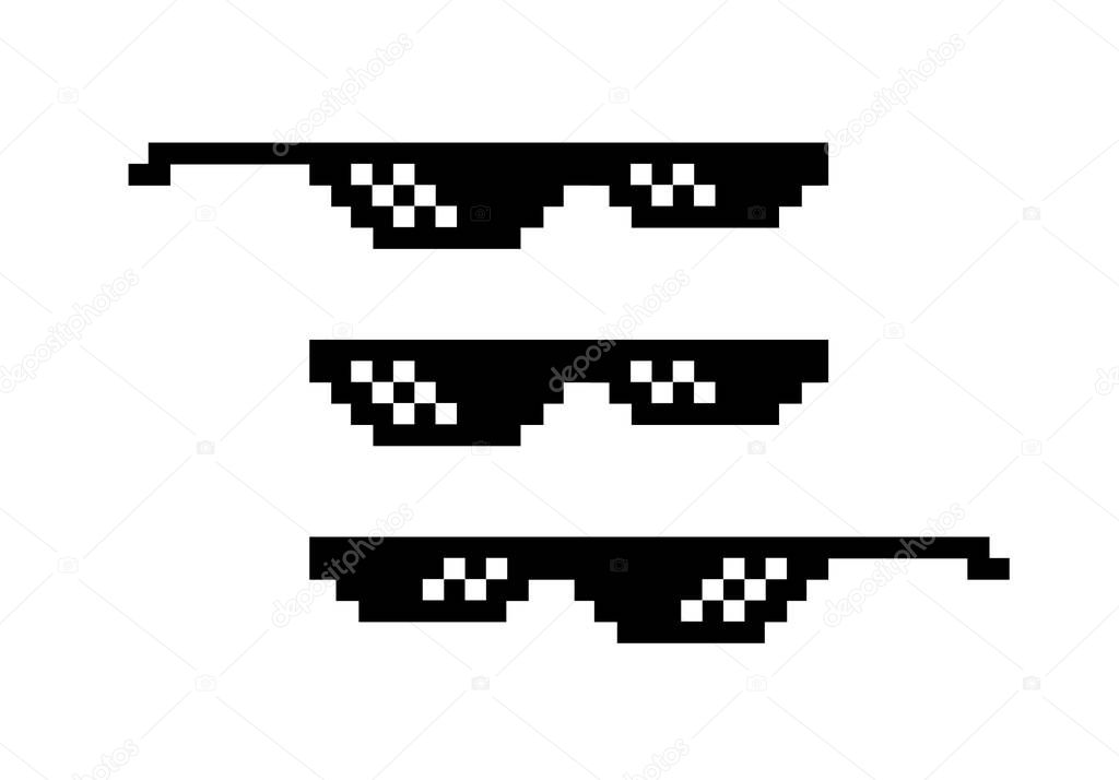 Pixel black sunglasses 8 bit. Spectacles for gangster and thug, bad guy. Internet meme. Accessory for rake and caricature. Vector flat on a white background. Retro.