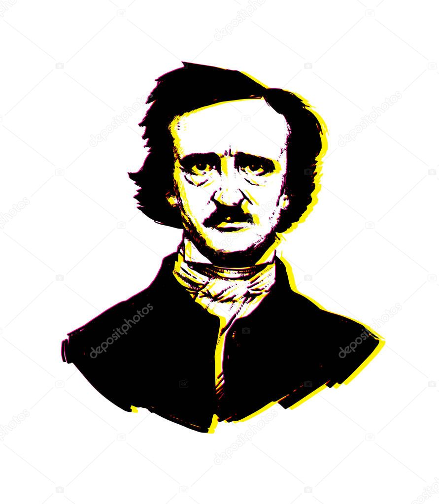 Illustration by Edgar Allan Poe. Portrait of a great American writer and poet. Illustration for a tattoo, site, booklet, poster, postcard. Image on white background isolated. Vector illustration.