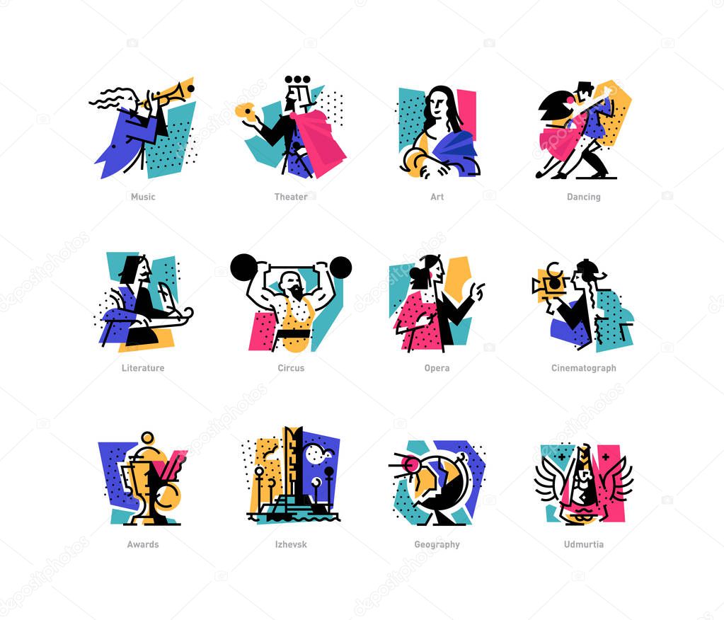 A set of icons on the theme of art forms. Music, choreography, singing, literature, theater, circus. Vector flat illustration. Hobbies of creative people. Icons for the site, banner and print. Emblems, symbols.
