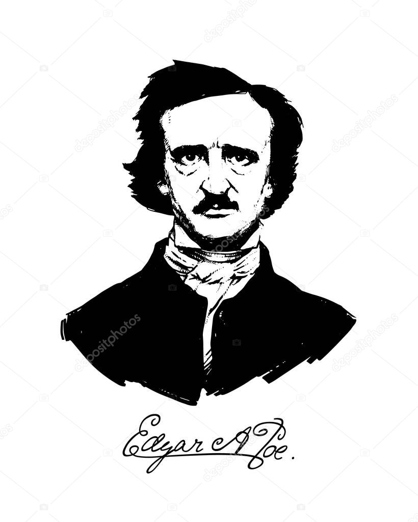 Illustration by Edgar Allan Poe. Portrait of a great American writer and poet. Illustration for a tattoo, site, booklet, poster, postcard. Image on white background isolated. Vector illustration.