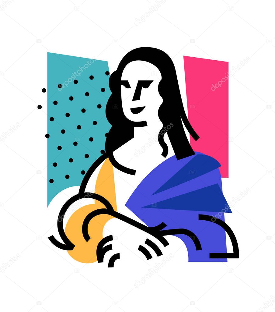 Illustration of the Mona Lisa. Icon of Gioconda, the artist Leonardo Davinci. Logo of a famous work, interpretation. Vector flat illustration. Logo for beauty salon, studio. Abstract image.