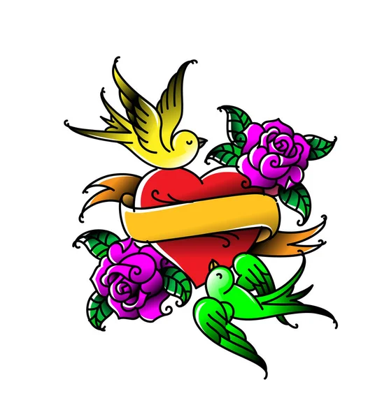 Srdce Květinové Tetování Květinou Tetování Stylu Amerického Staré Školy Obrázku — Stock fotografie