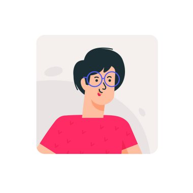 Resimler gözlüklü adamları avatar. Vektör. Gri arka planda kırmızı tişörtlü genç bir adam. Kullanıcı profili