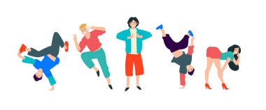 Genç dansçılar. Vektör. Gençler eğlenir ve sonuna kadar giderler. Kız flört ediyor. Genç bir adam bir kalp gösterir. Erkekler brekdanlarla dans eder. Hareket ve dans hayattır..