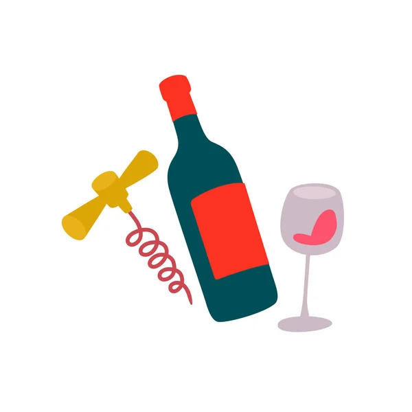 Ilustração Uma Garrafa Vinho Copo Saca Rolhas Vector Adesivo Para — Vetor de Stock