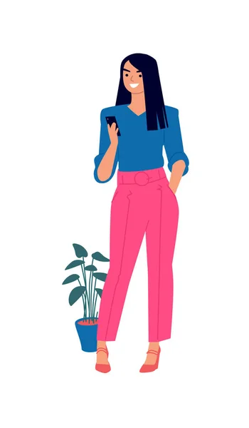 Illustration Cute Girl Blue Blouse Pink Pants Vector Woman Telephone — Stock Vector