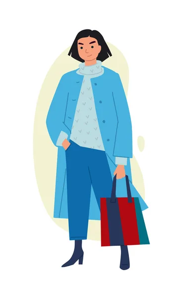 Illustration Cute Girl Vector Woman Shopper Shopper Purchases Casual Style — Stock Vector