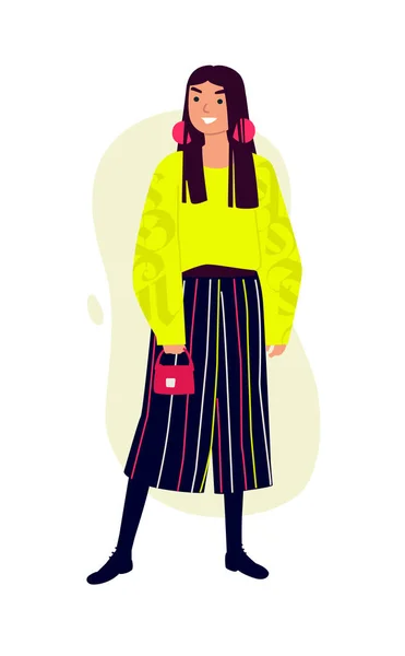 Illustration Fashionable Girl Bright Yellow Sweater Striped Trousers Vector Woman — Stock Vector