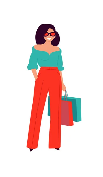Ilustrace Roztomilé Módy Červených Kalhotách Vektor Žena Nakupující Nakupující Módní — Stockový vektor